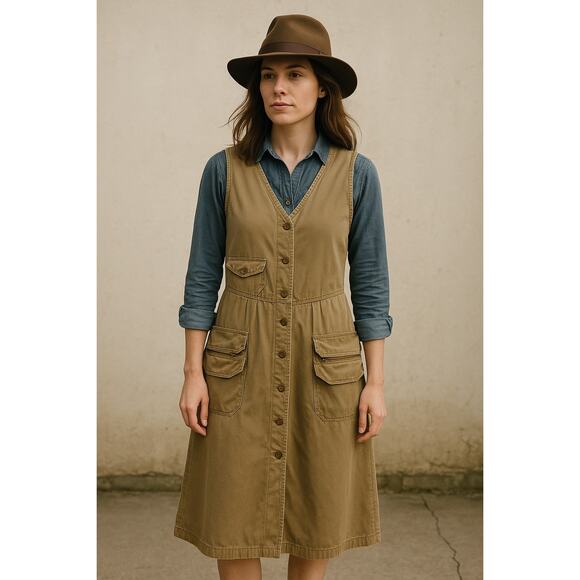 Vintage 80s Banana Republic Cotton Expedition Jumper Utility Dress Size Small - Picture 1 of 7